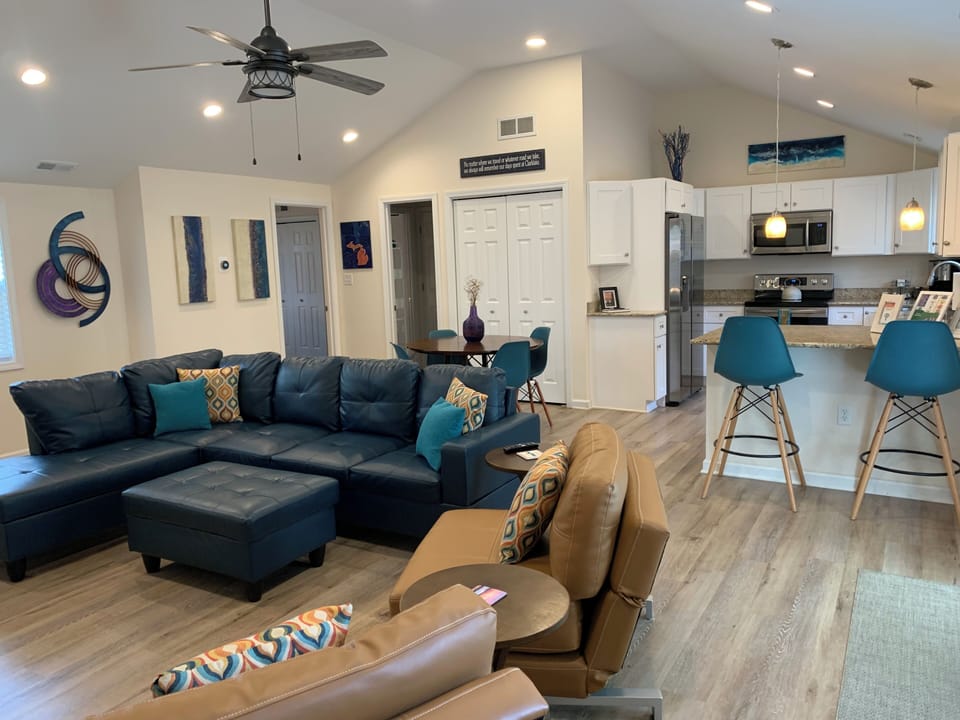 Open living room with high ceiling