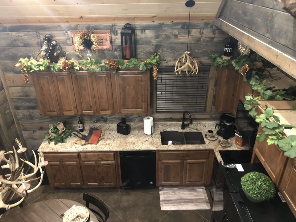 Spacious kitchen area.  View from the loft.