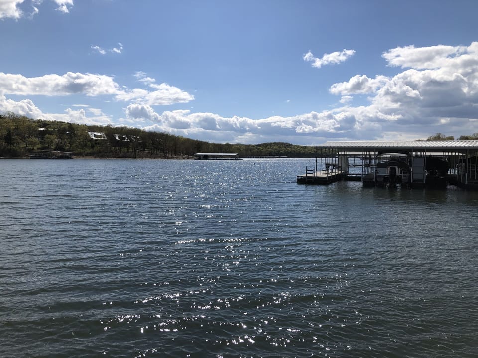 Lake view from private dock below Lodge.  This is Little Aunts Creek Cove.
