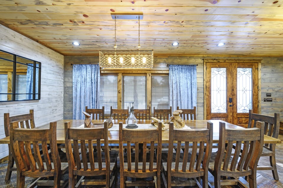 Custom-built ranch house table designed to accommodate 14 guests.