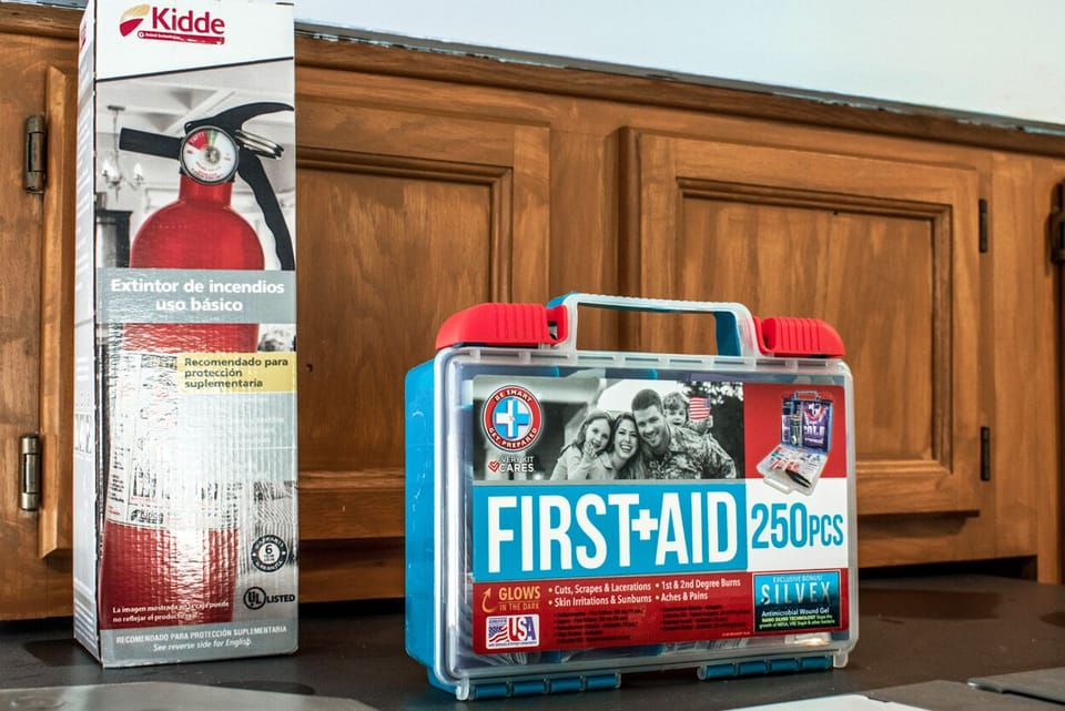 First-aid kit and fire extinguisher available