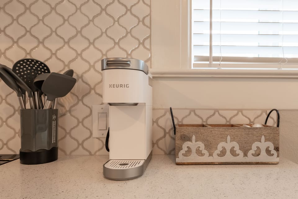 Our coffee station complete with coffee pods, creamer and sweeteners.