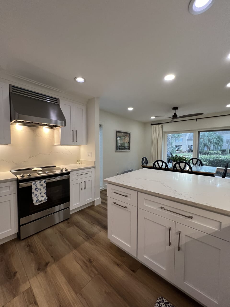 Well stocked kitchen opens to dining room and family room.  