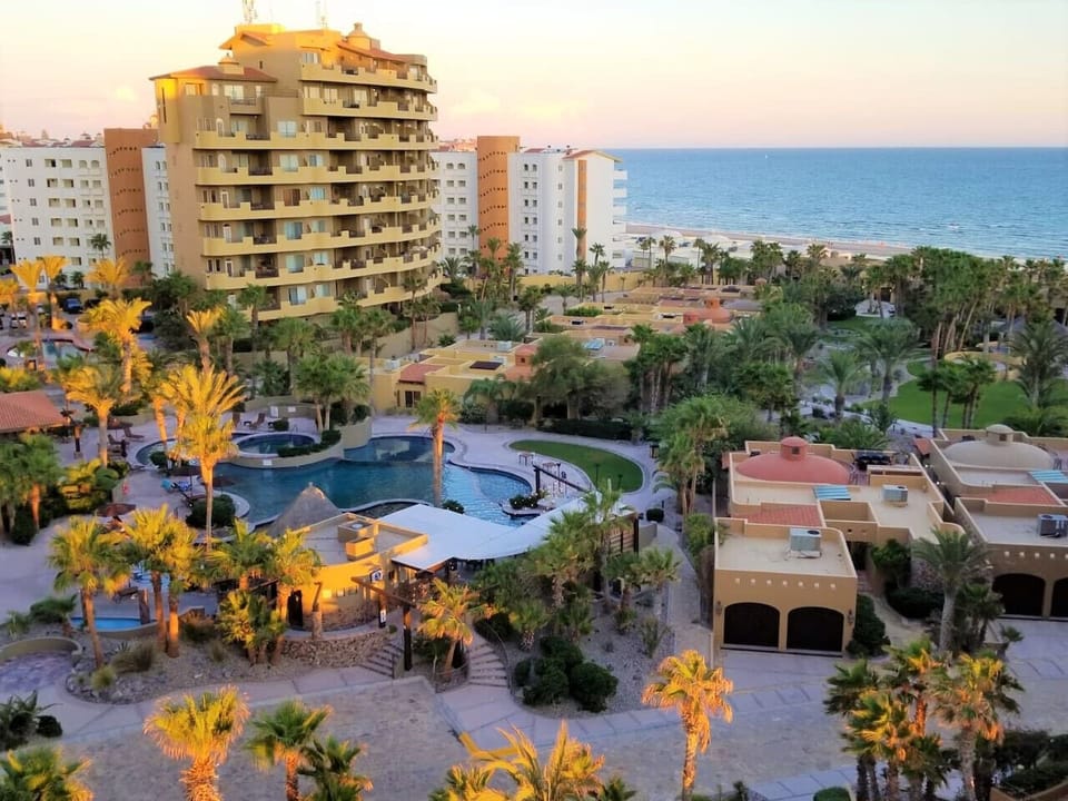 View over pool and property.
