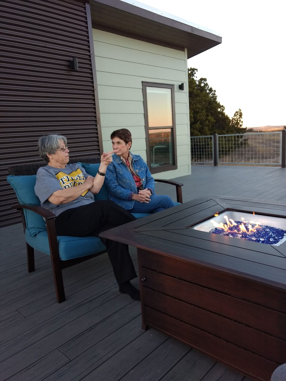 Propane fired fire pit for deckside gathering. 