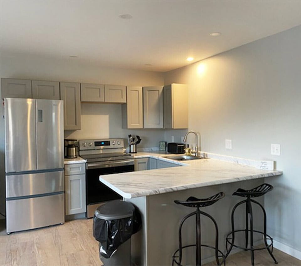 New Kitchen, Stainless Steel Appliances, Keurig Coffee Maker & Two Bar Stools