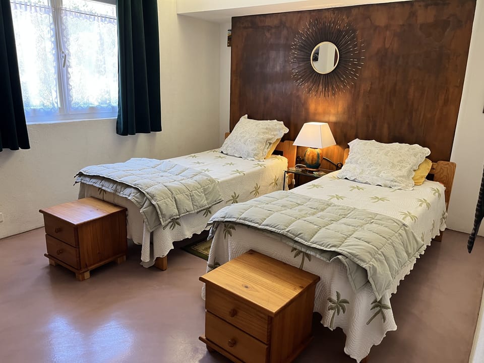 Twin bedroom with closet, hangers, small bureaus, custom bronze wall by owner