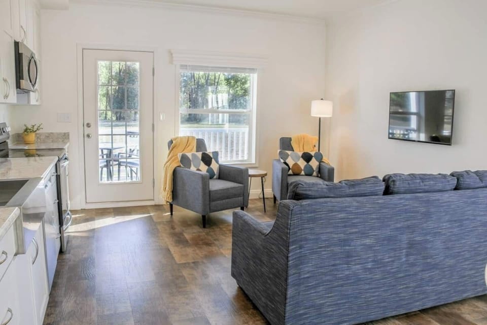 Kitchen and living area with access to the deck