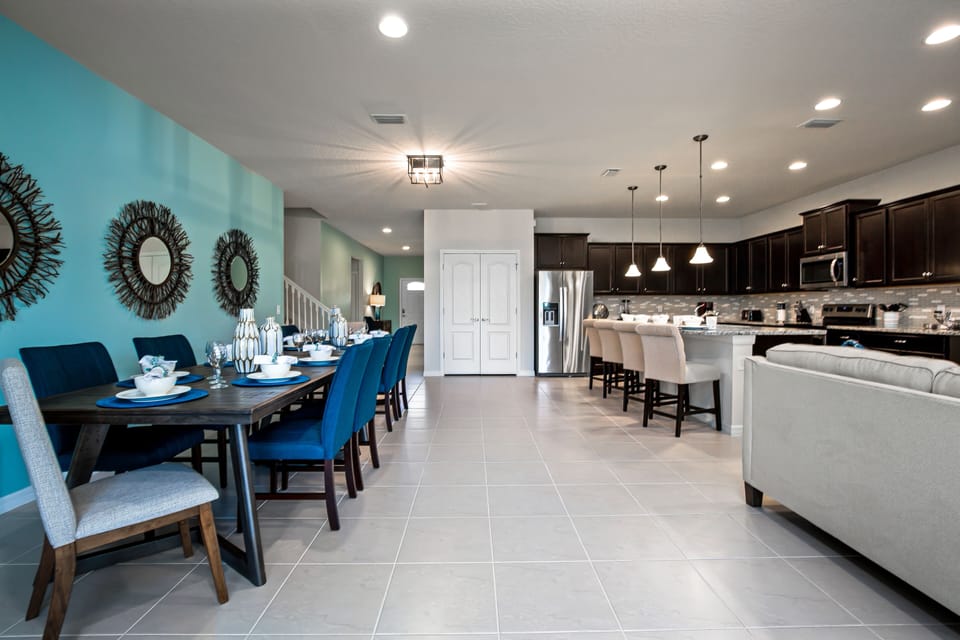Spacious downstairs area with kitchen, dining, and living room