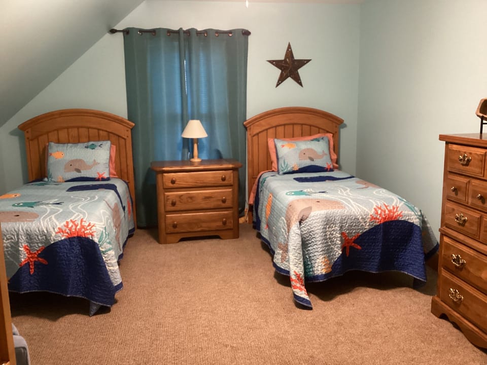 Twin beds with dresser, ceiling, fan, and large closet