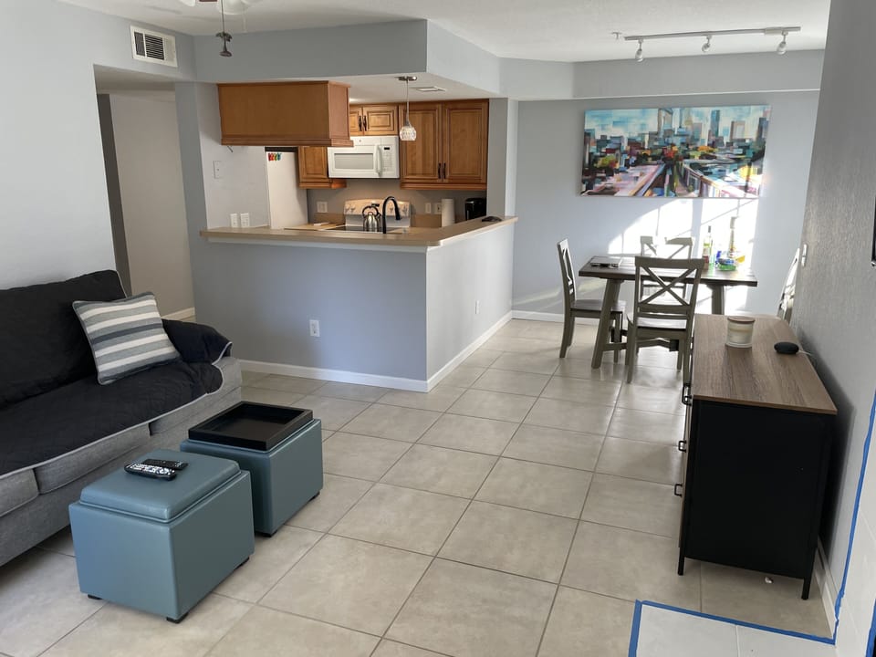 View from living room into the kitchen. 