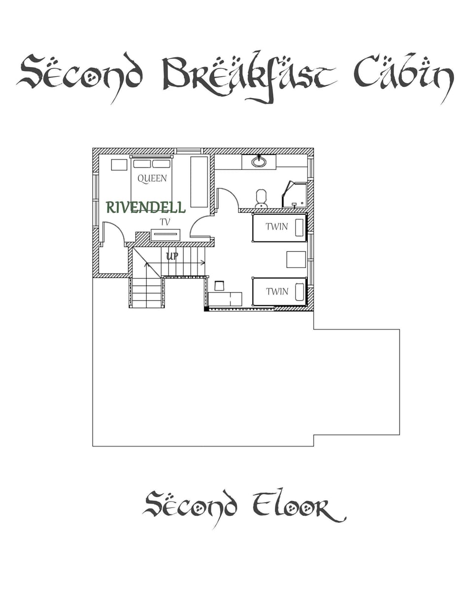 The second floor includes a loft with two twin beds and work area, bathroom, and bedroom with a queen bed