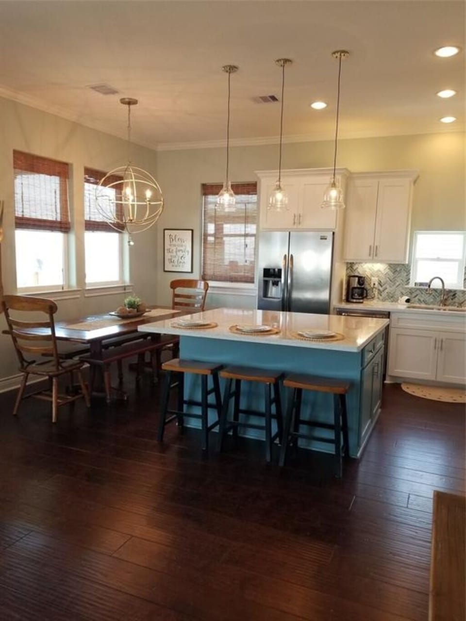 Dining table has benches on each side 