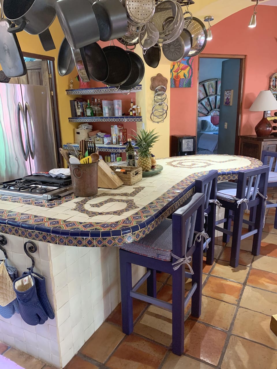 The center island includes casual seating for four.