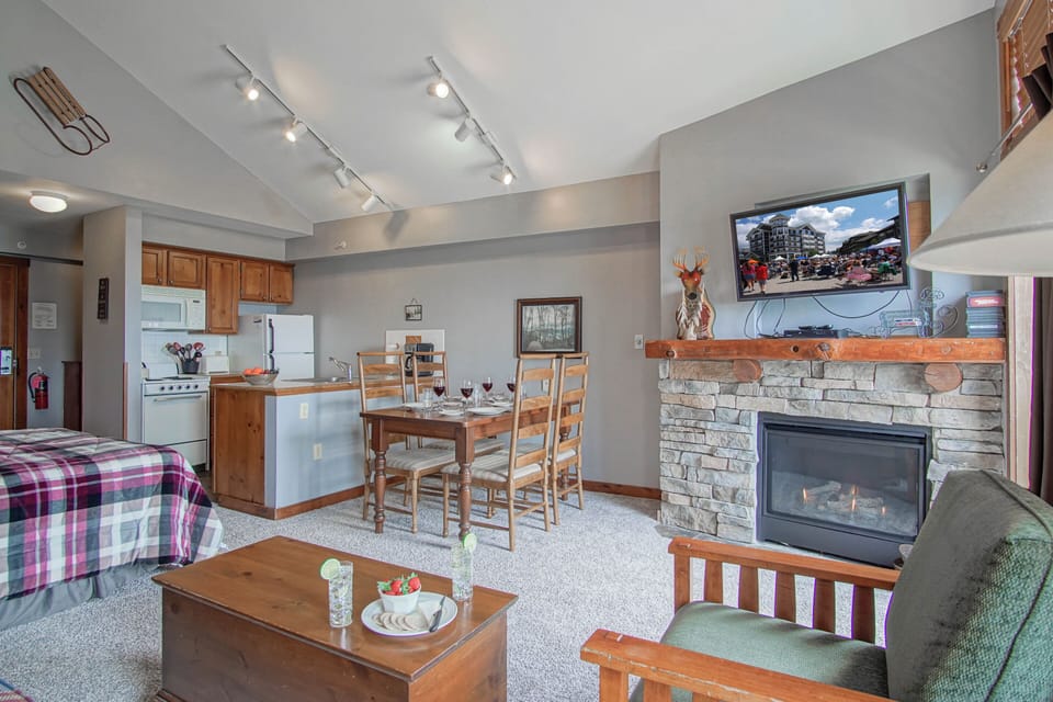 Living room area, dining area, mini kitchen and gas fireplace