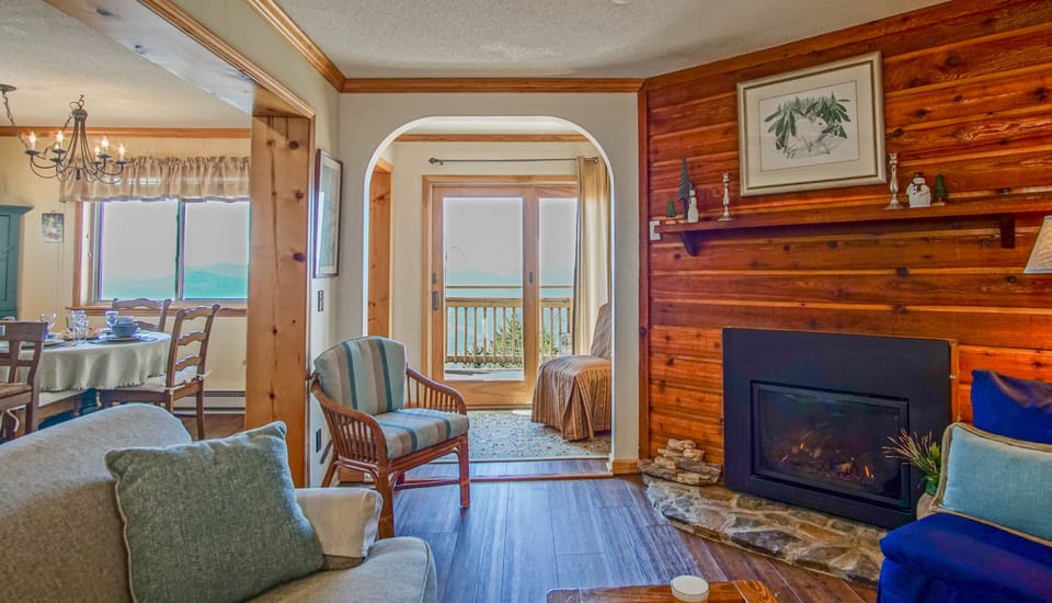 The living room has a gas fireplace.