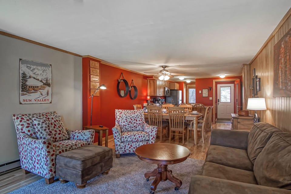 The dining table has seating for 6.
