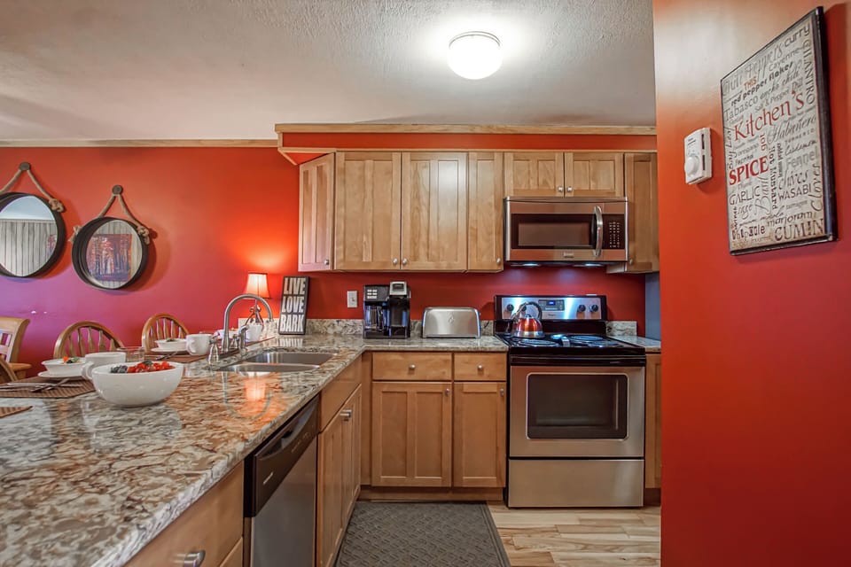 The unit has a full kitchen.