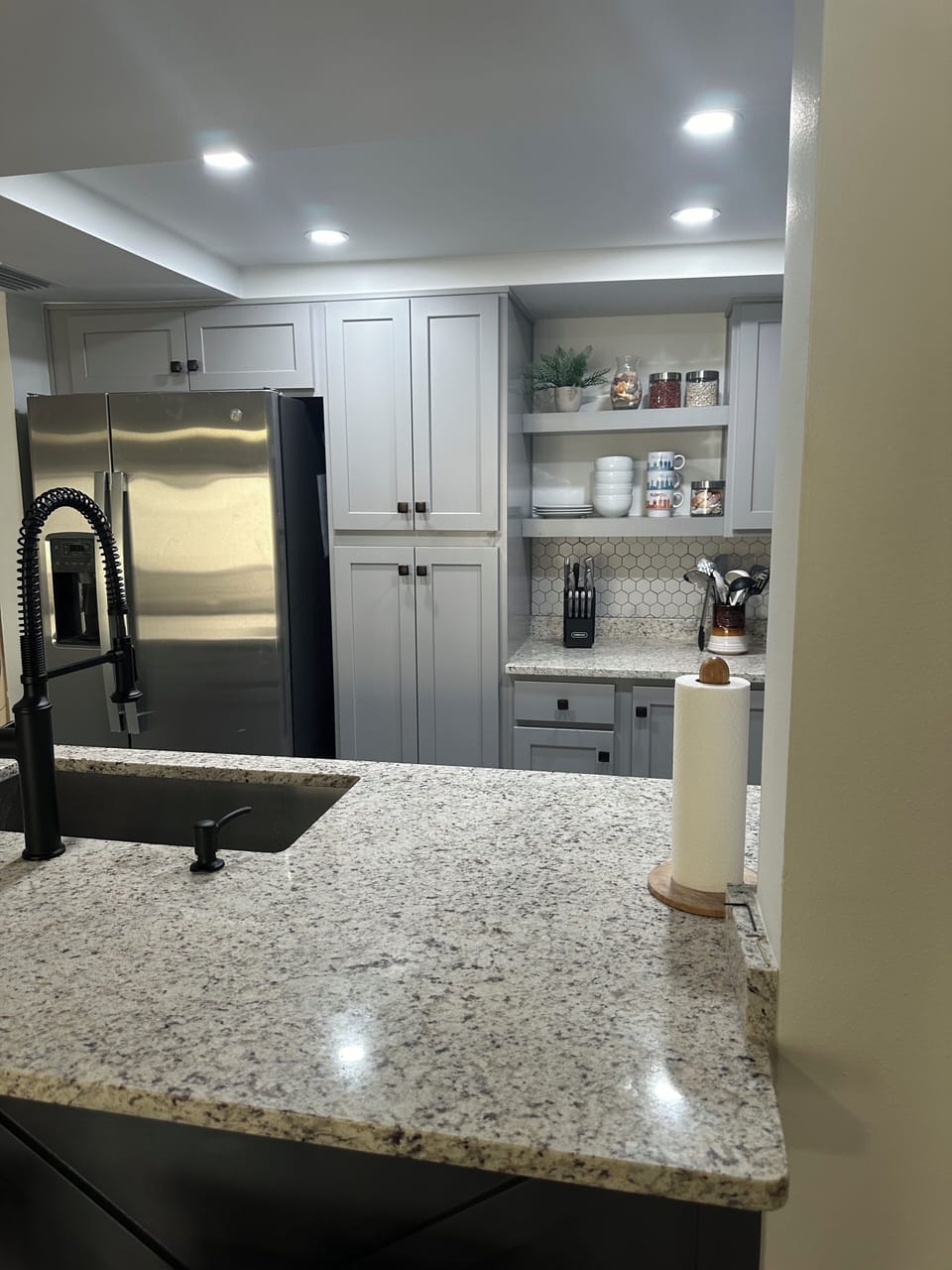 Fully stocked kitchen with blender, oven, coffee maker, nice big fridge 