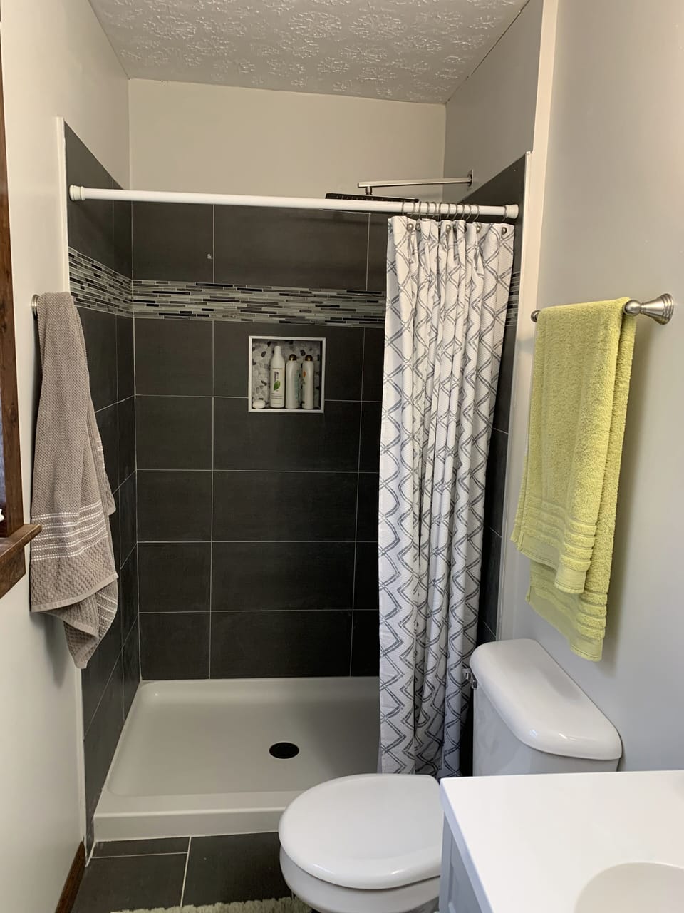 Master bath with European rain shower and lots of hot water.
