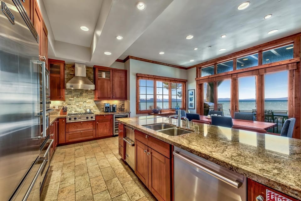 A chef's paradise, the kitchen has stainless steel Viking Professional Appliances throughout and enough counter space to make a photo-worthy presentation of the entire dinner spread.