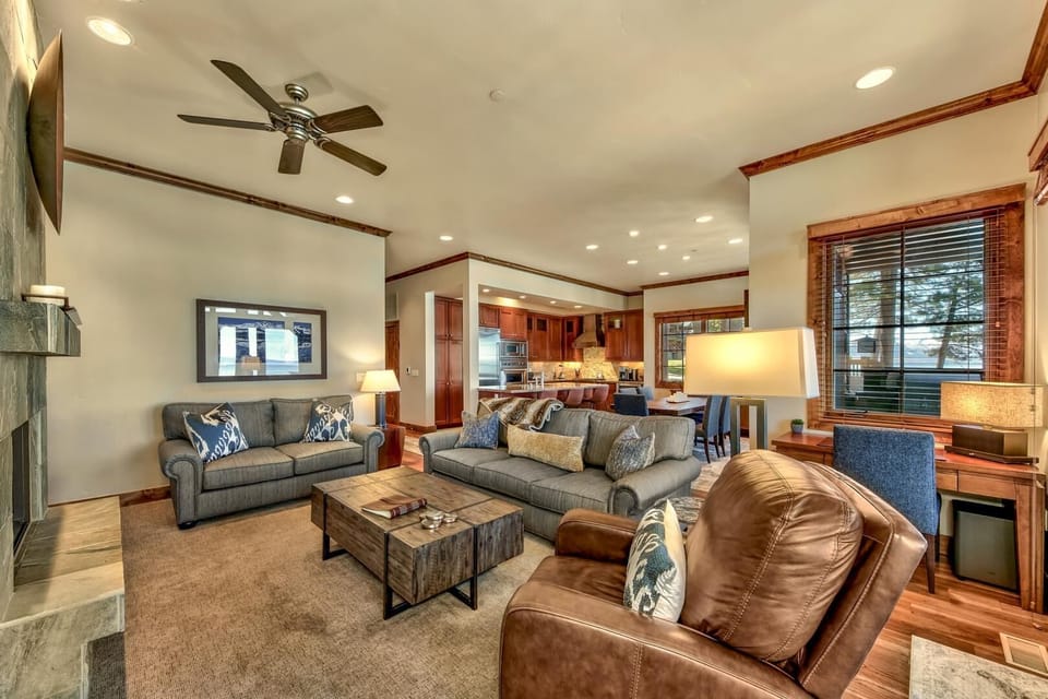 The leather club chair in the great room is perfect for reading in the morning light.
