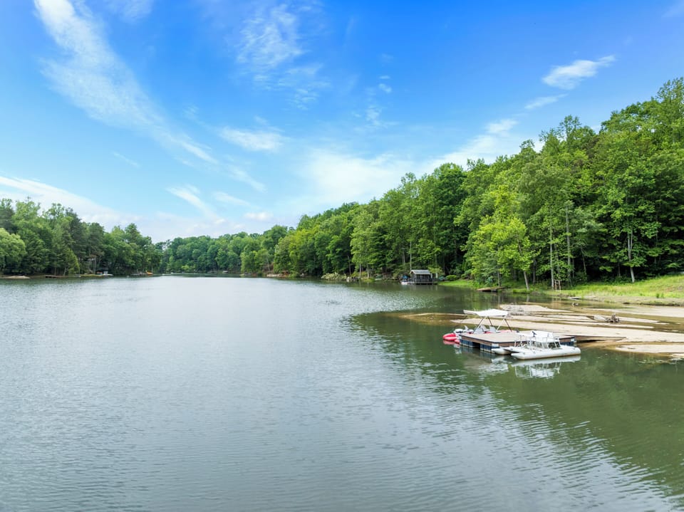 View of the dock and Bald Mountain Lake.  