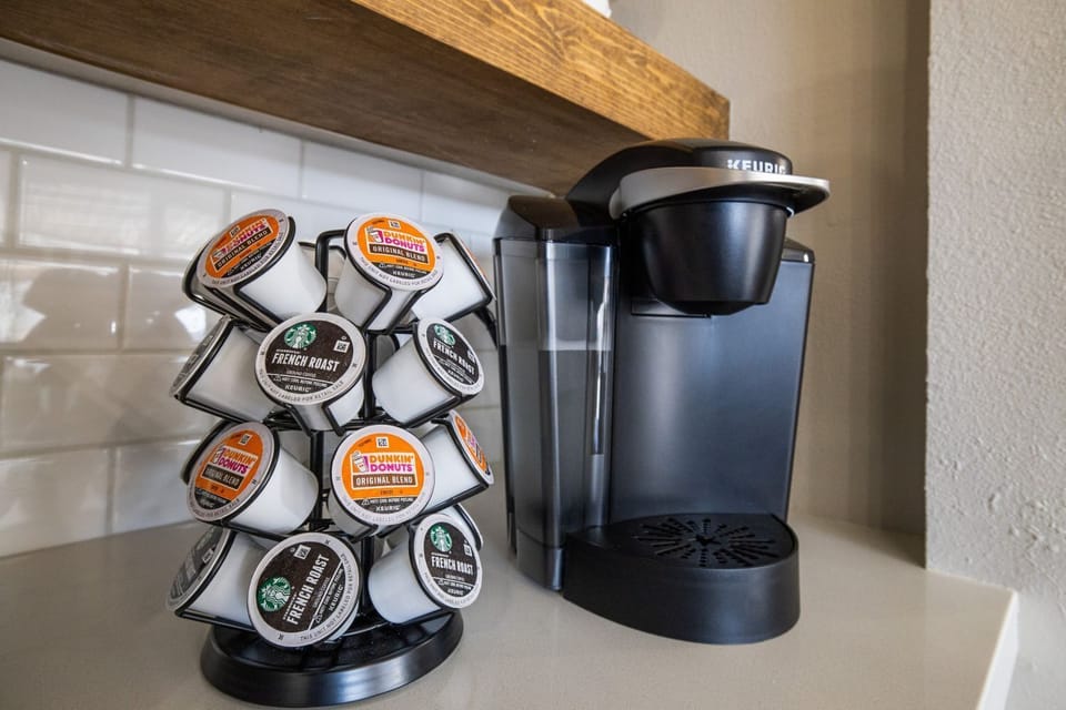 A starter pack of K-cups, sugar, stevia and creamer  provided for all stays