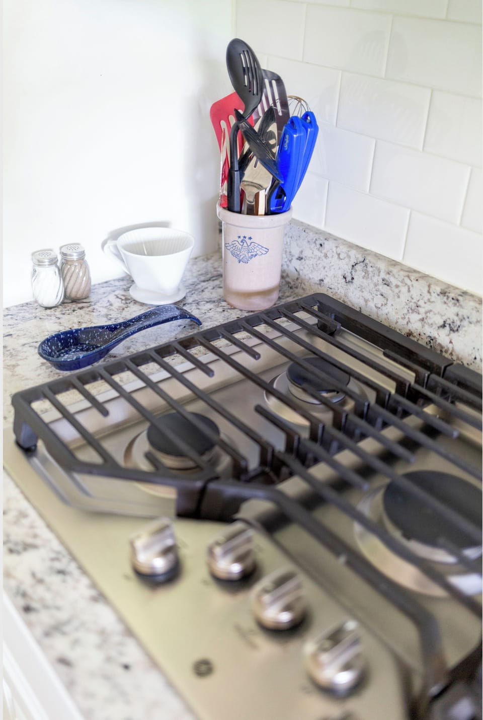 Gas stove with 5 burners, oven and hood