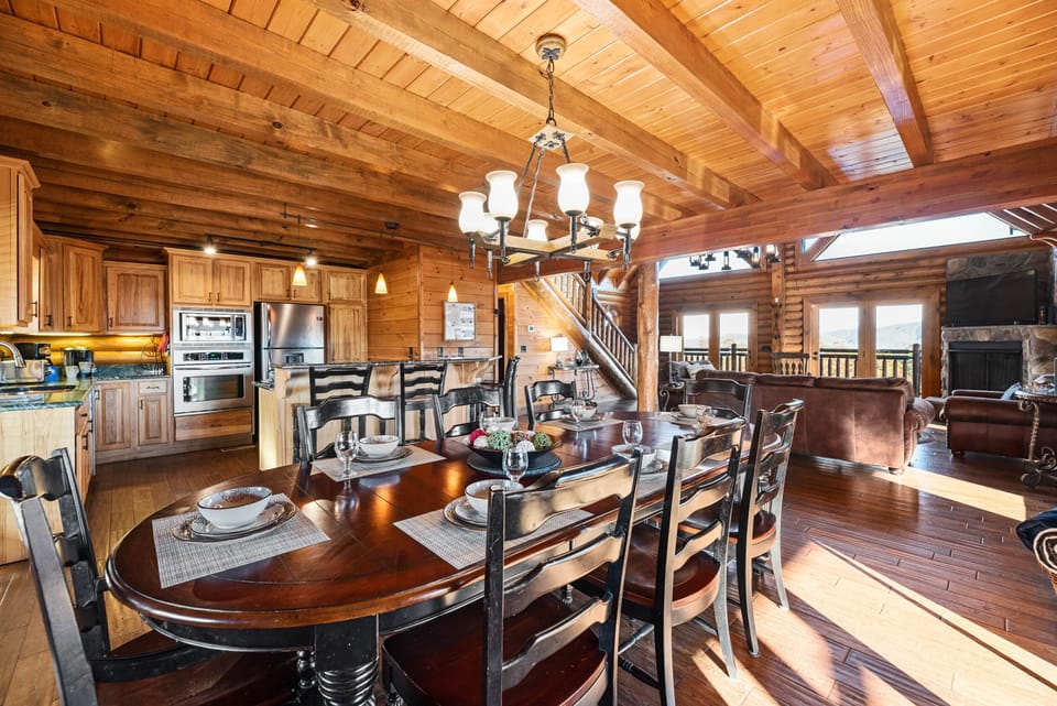 Large dining room table that seats 8.  Ample seating also at the breakfast bar.