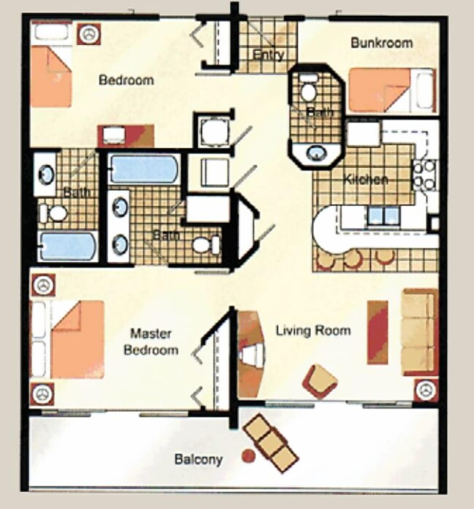 Example Floor Plan, please see our photos and descriptions for furnishings and placement of furniture.