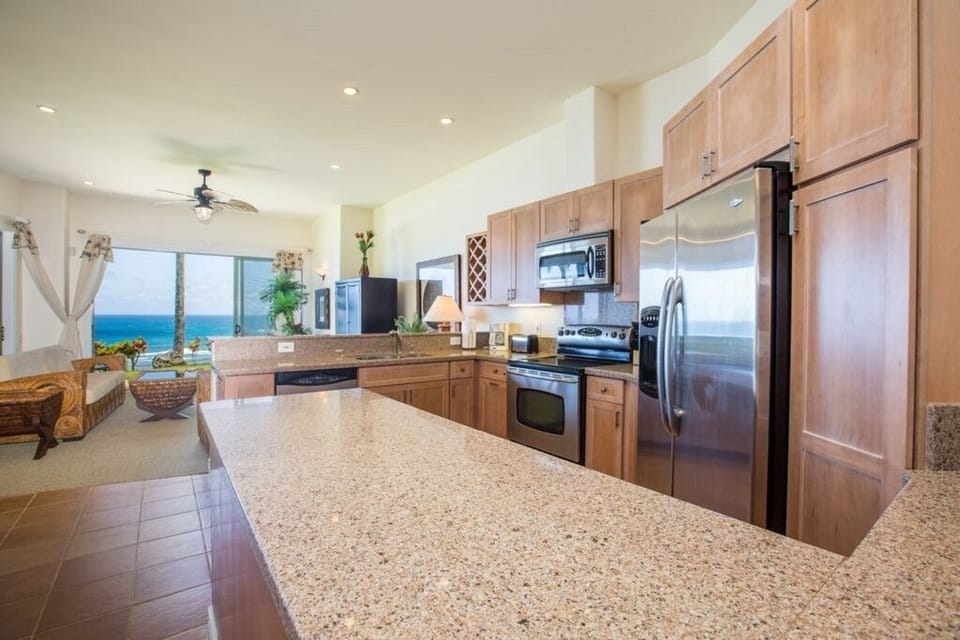 Kitchen with ocean views off the living room