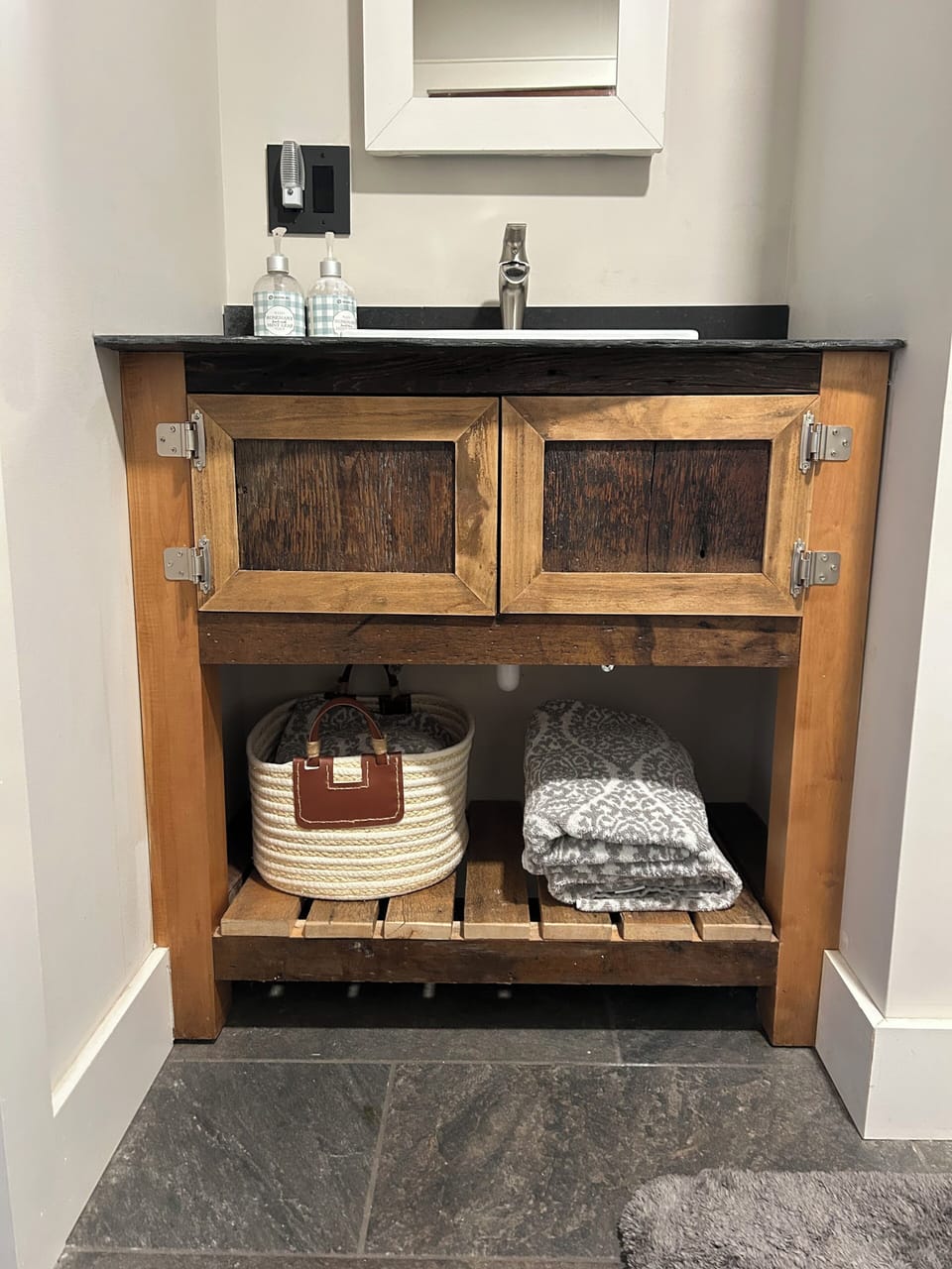 Custom vanities with slate and local Lake Champlain schist tops. 