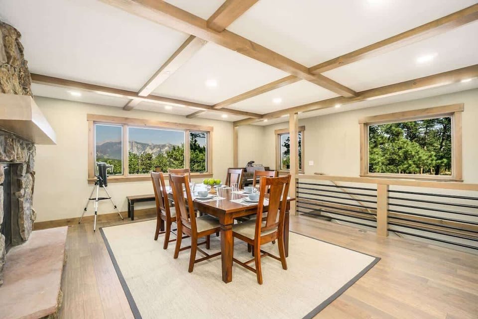 A view of the dining room from the  kitchen island.