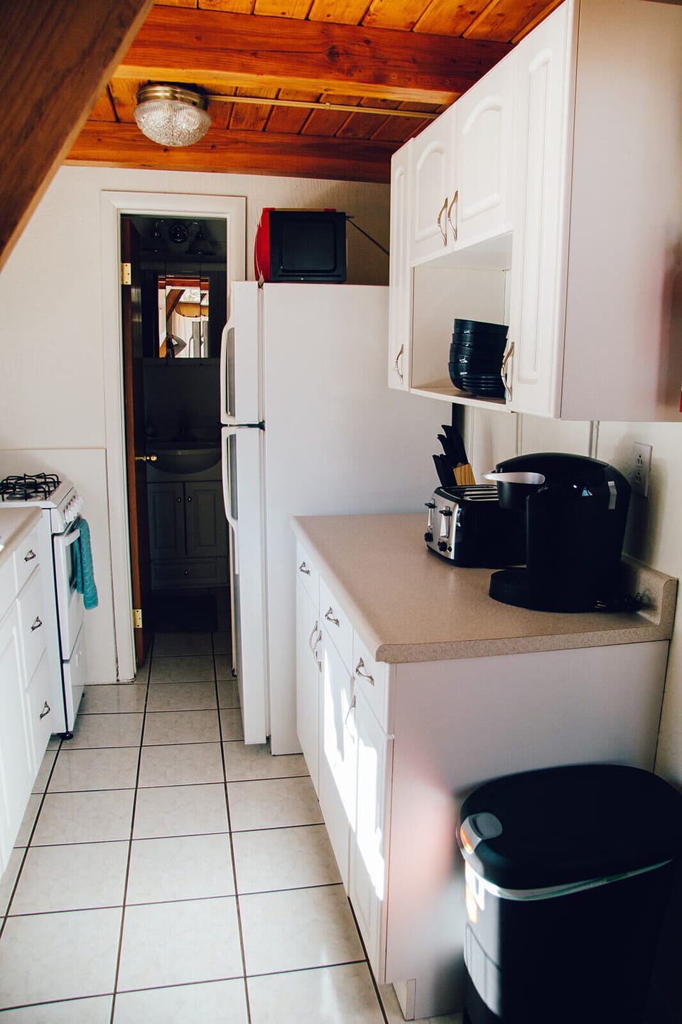 Toaster, microwave and Keurig coffee maker.