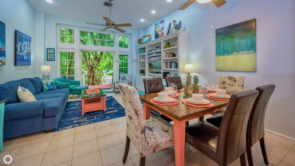 The indoor dining table has seating for up to six...