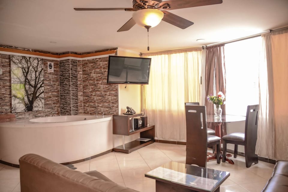 living room with hot tub