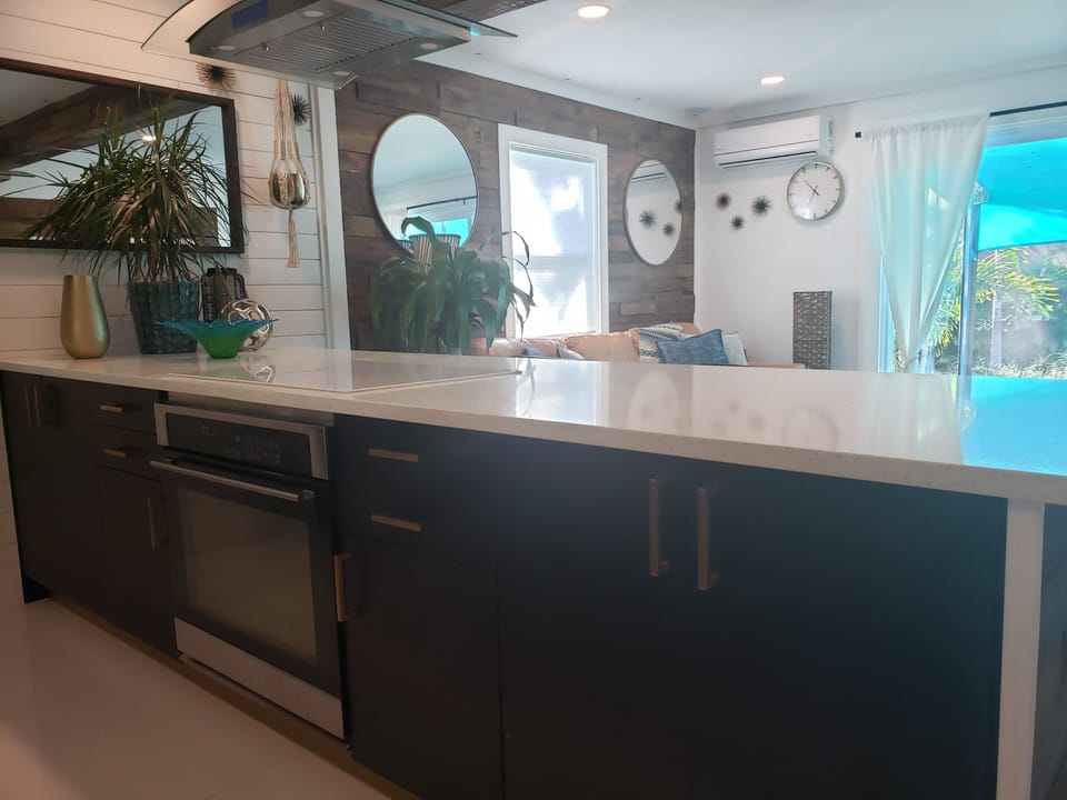 kitchen overlooks living room