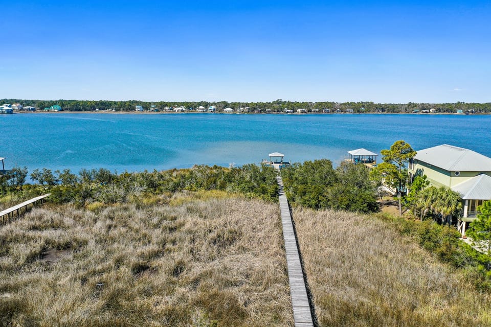 Overhead view of pier and lagoon
