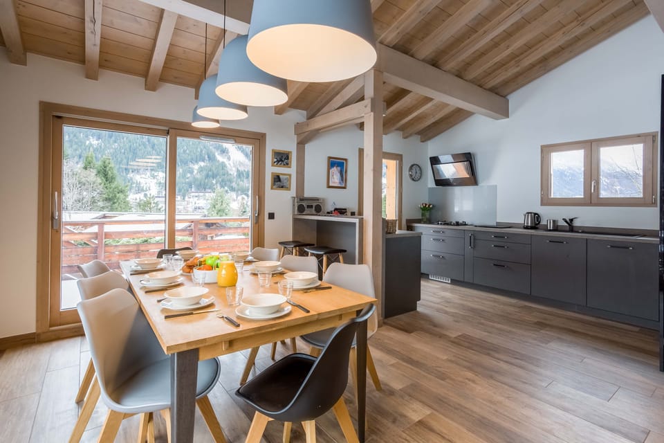 Open plan dining area and kitchen, open onto terrace