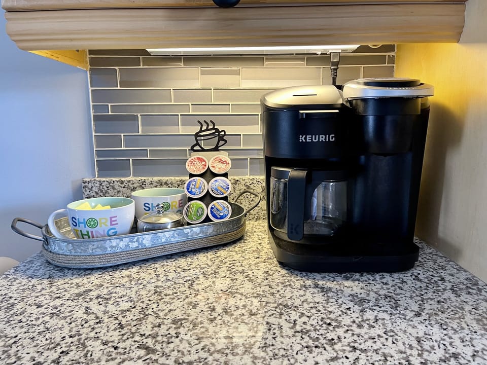 First coffee, then beach!  Enjoy a carafe or single cup of coffee in the Keurig