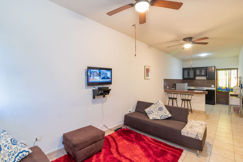 Living room, smart tv, DishNet TV, wifi, sofa-bed, backdoor leads to pool area.