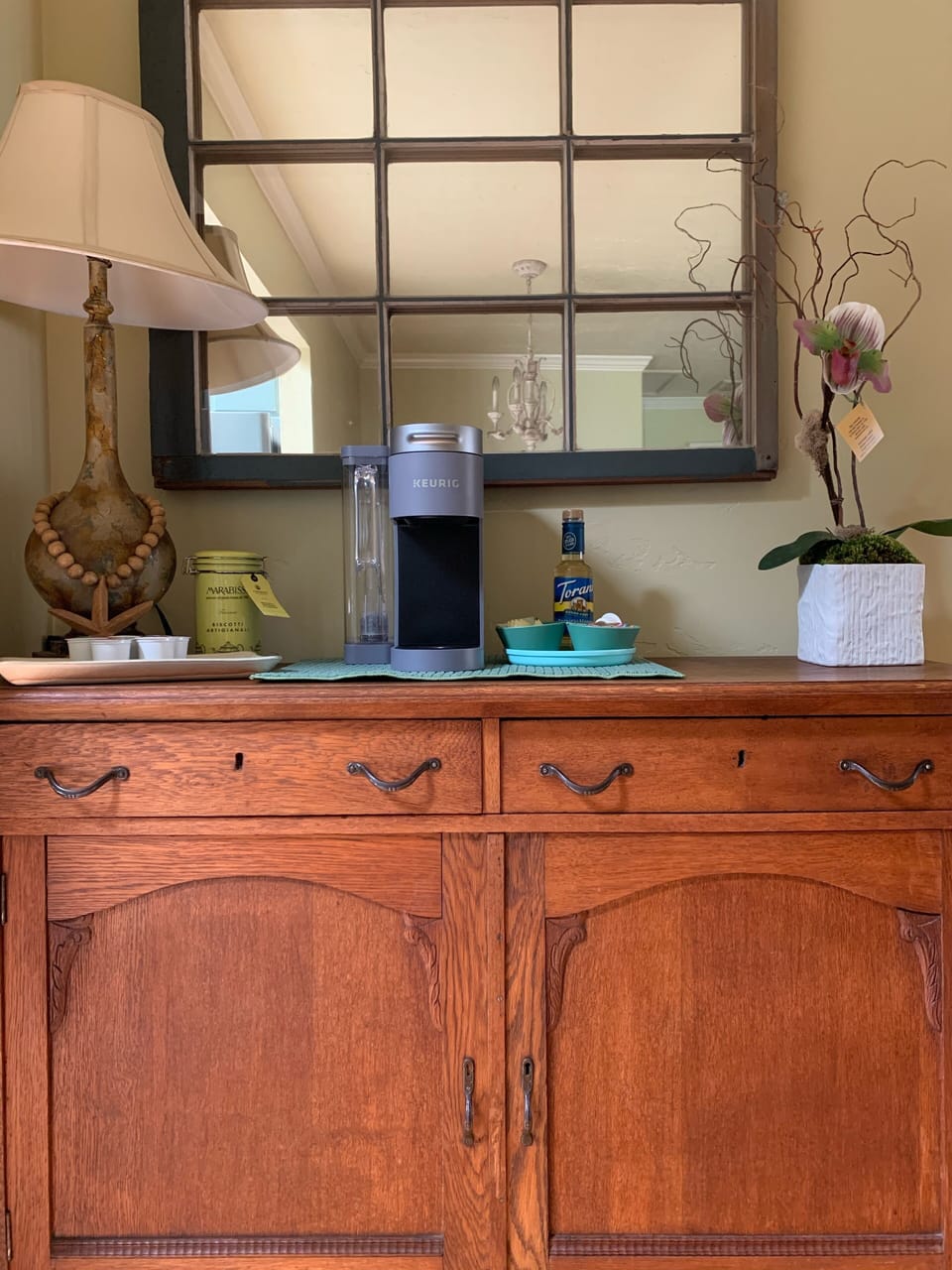 Just added a little coffee bar with a Keurig! Small selection of pods so BYOP?!!