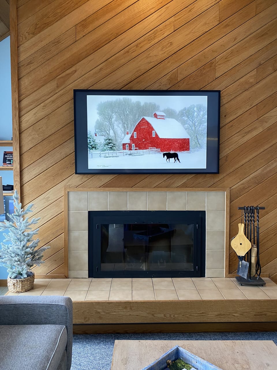 Wood burning fireplace & picture frame TV