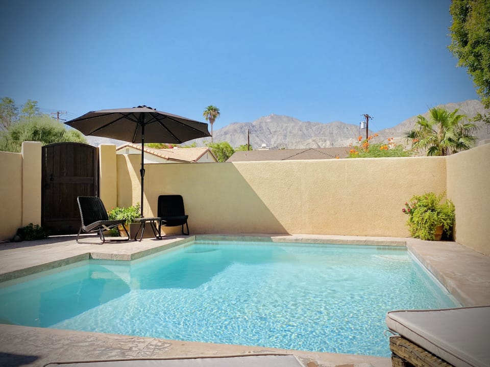 West facing heated pool with built in seating