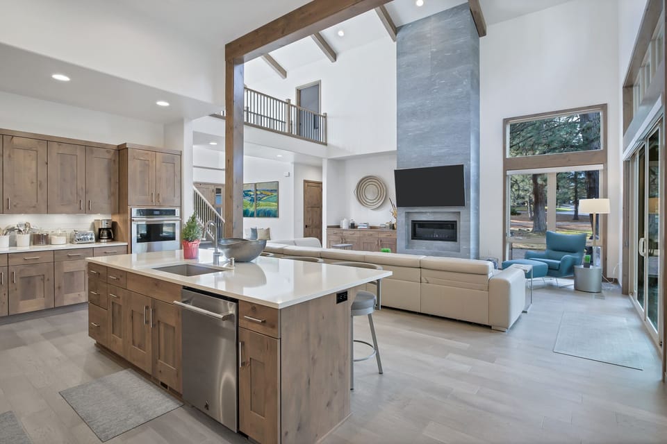 Huge chef's kitchen and open floor plan into Great Room with Power Reclining Leather Sectional