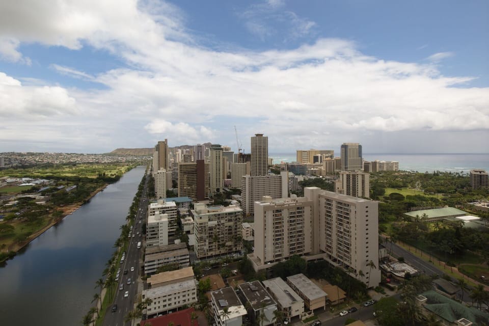 View includes Diamond Head and the Pacific Ocean.