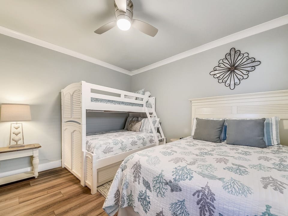 Guest Bedroom with Queen Bed and Twin over Full Bunk Bed at 443 Captains Walk