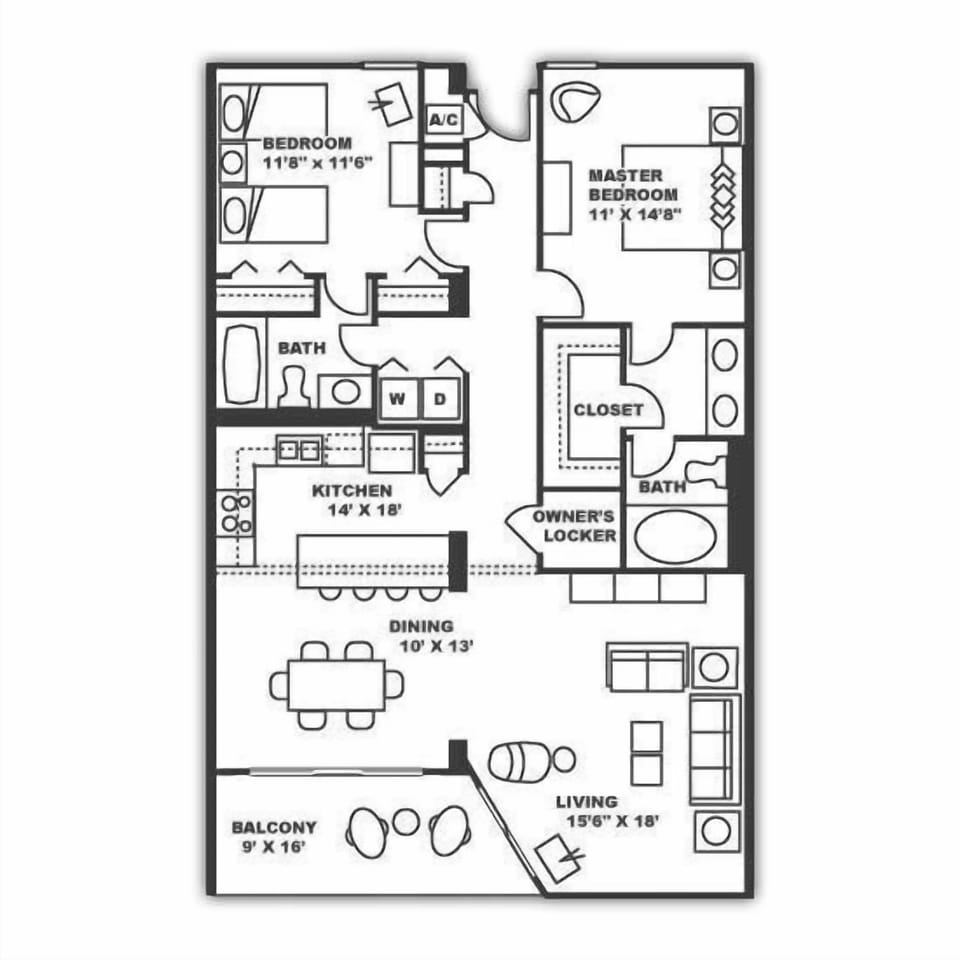 "Island Paradise" Edgewater Tower 1 Condo 502 example floor-plan.  Please see our photos and descriptions for actual furnishings and placement.