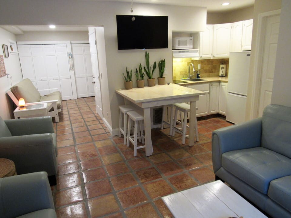 Living area, kitchenette and bonus room with queen sized futon and 2nd smart TV.